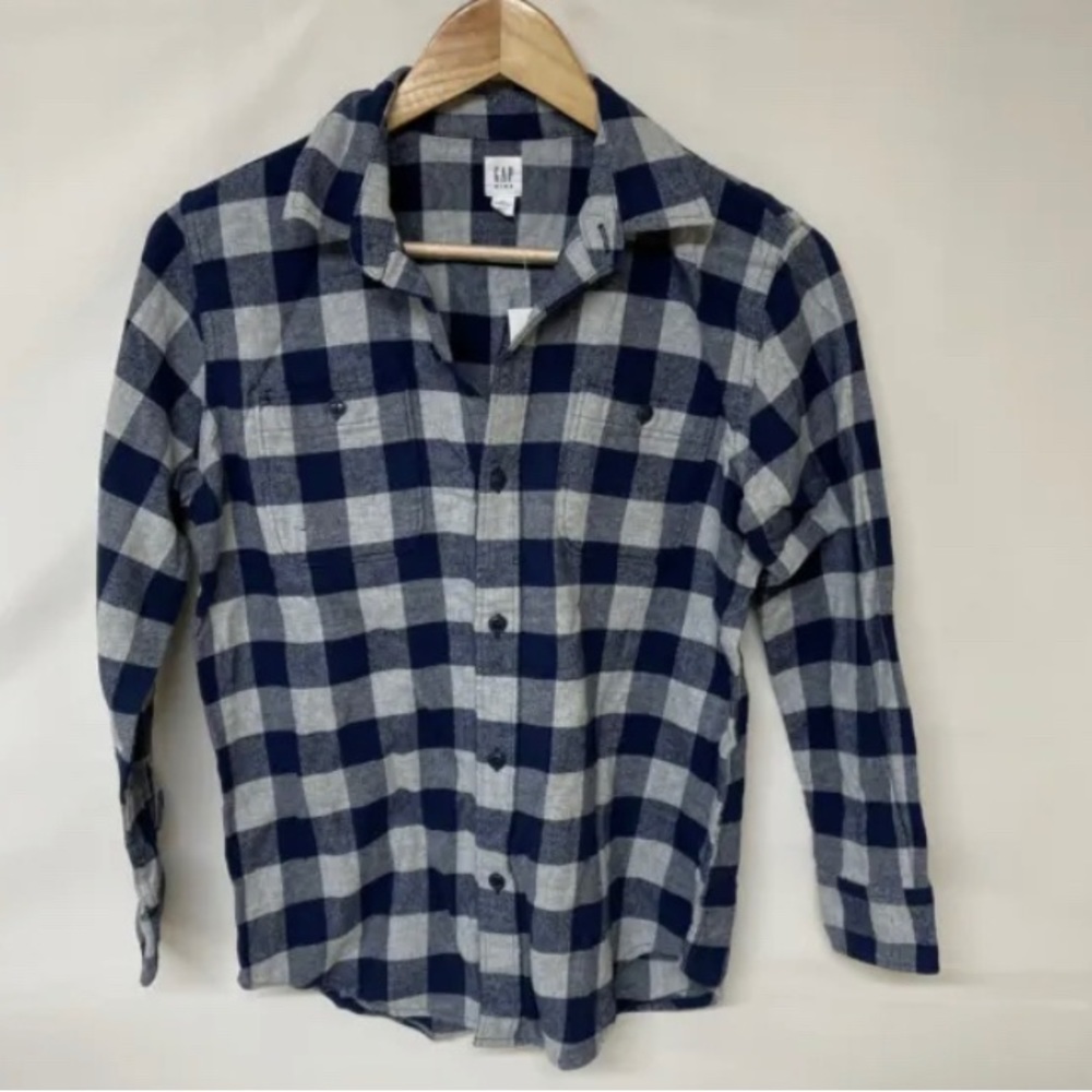 Gap kids Boys Blue and Gray Check Plaid Button Up Flannel Shirt Collar XL